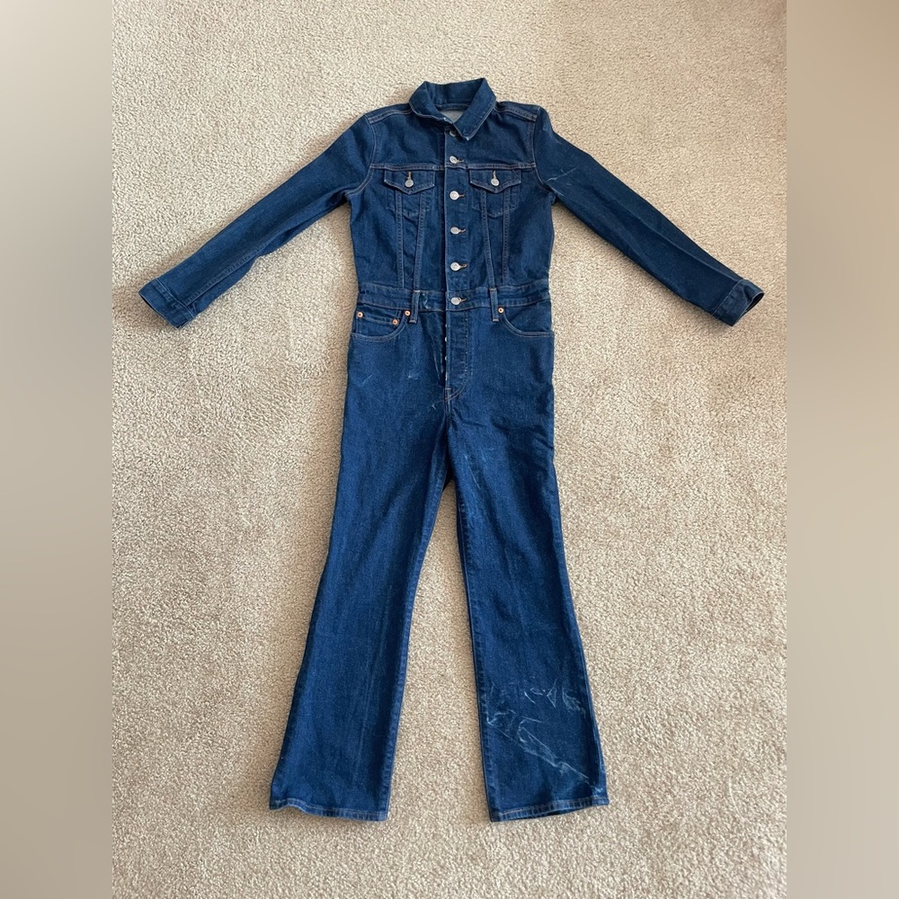 Levi’s Kickflare Denim Jumpsuit Long Sleeve Size S Dark Wash Pre-owned